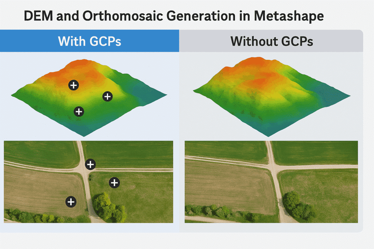 DEM and Orthomosaic Generation in Agisoft Metashape: With vs Without GCPs