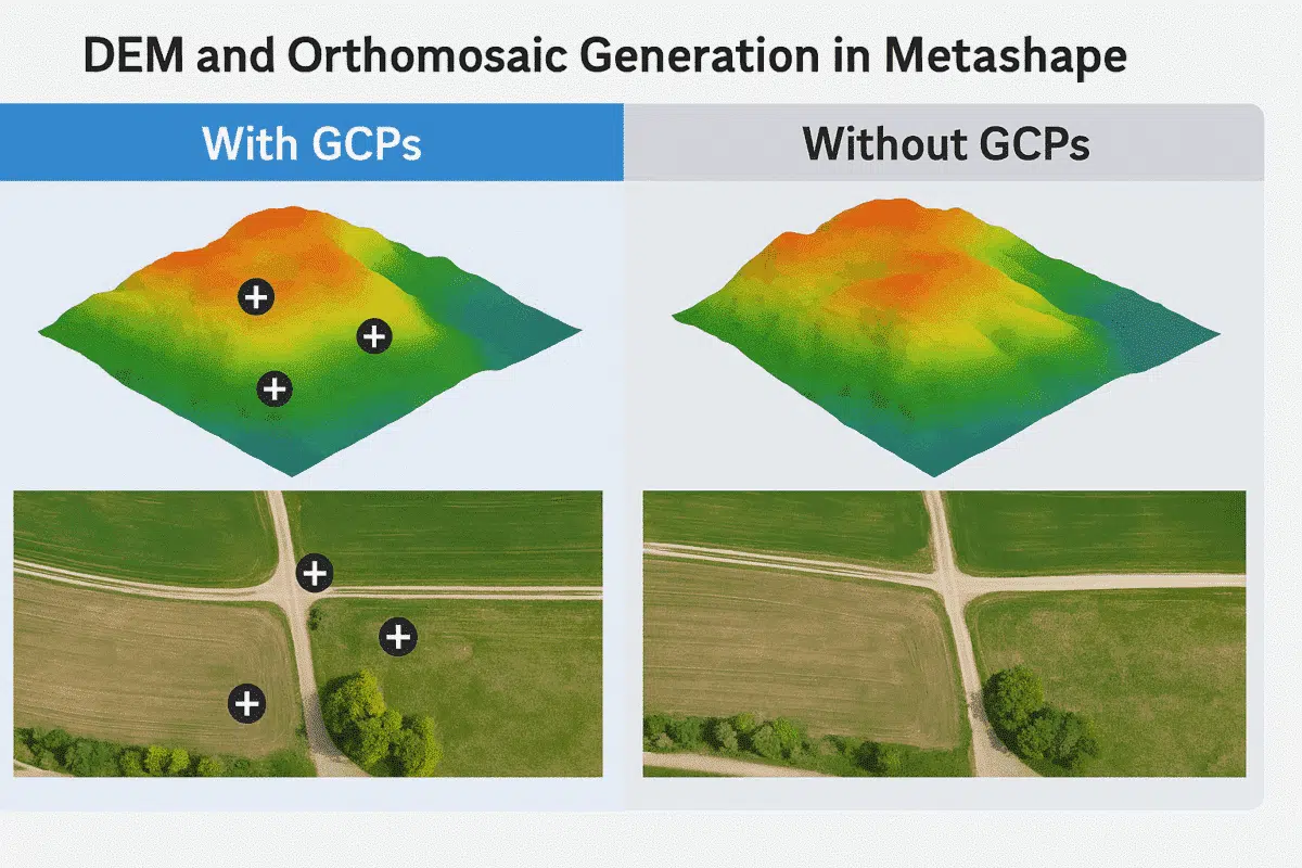 DEM and Orthomosaic Generation in Agisoft Metashape: With vs Without GCPs