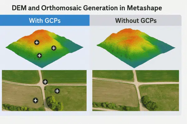 DEM and Orthomosaic Generation in Agisoft Metashape: With vs Without GCPs