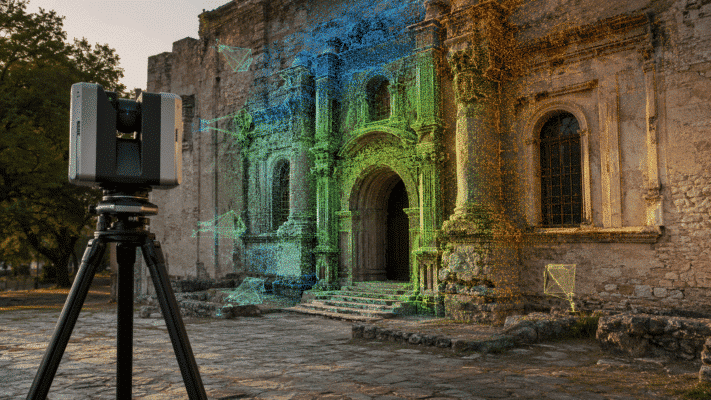 Terrestrial laser scanner point cloud aligned with photographic camera positions in a photogrammetry project