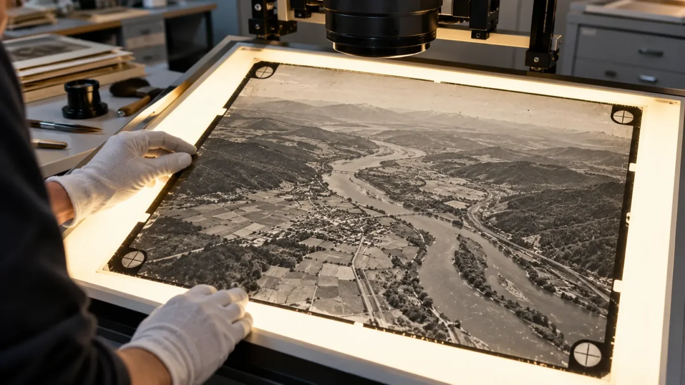 Historical aerial film with visible corner fiducial marks on an illuminated scanning table
