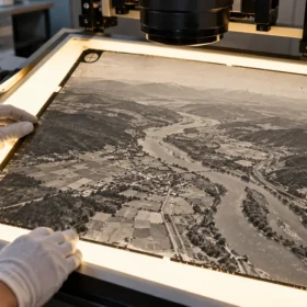 Historical aerial film with visible corner fiducial marks on an illuminated scanning table