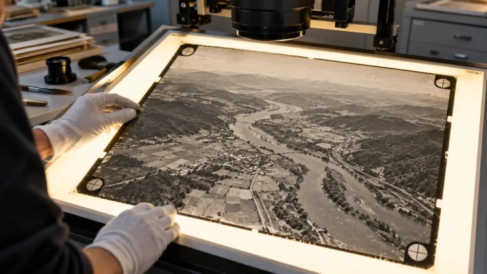Historical aerial film with visible corner fiducial marks on an illuminated scanning table