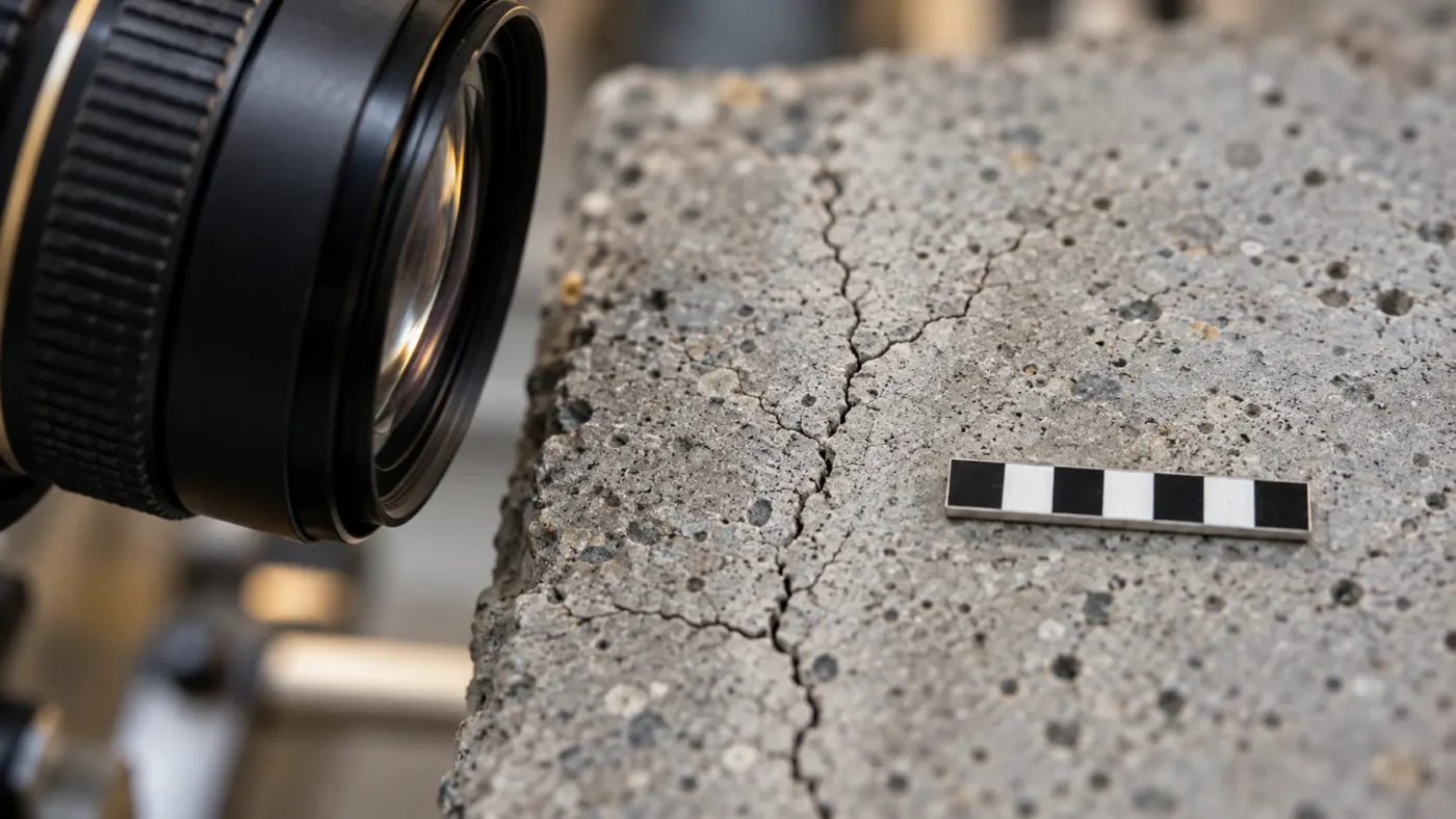 Macro camera photographing a concrete crack beside a black-and-white calibration scale