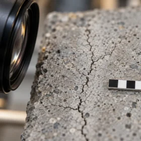 Macro camera photographing a concrete crack beside a black-and-white calibration scale