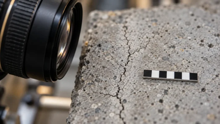 Macro camera photographing a concrete crack beside a black-and-white calibration scale