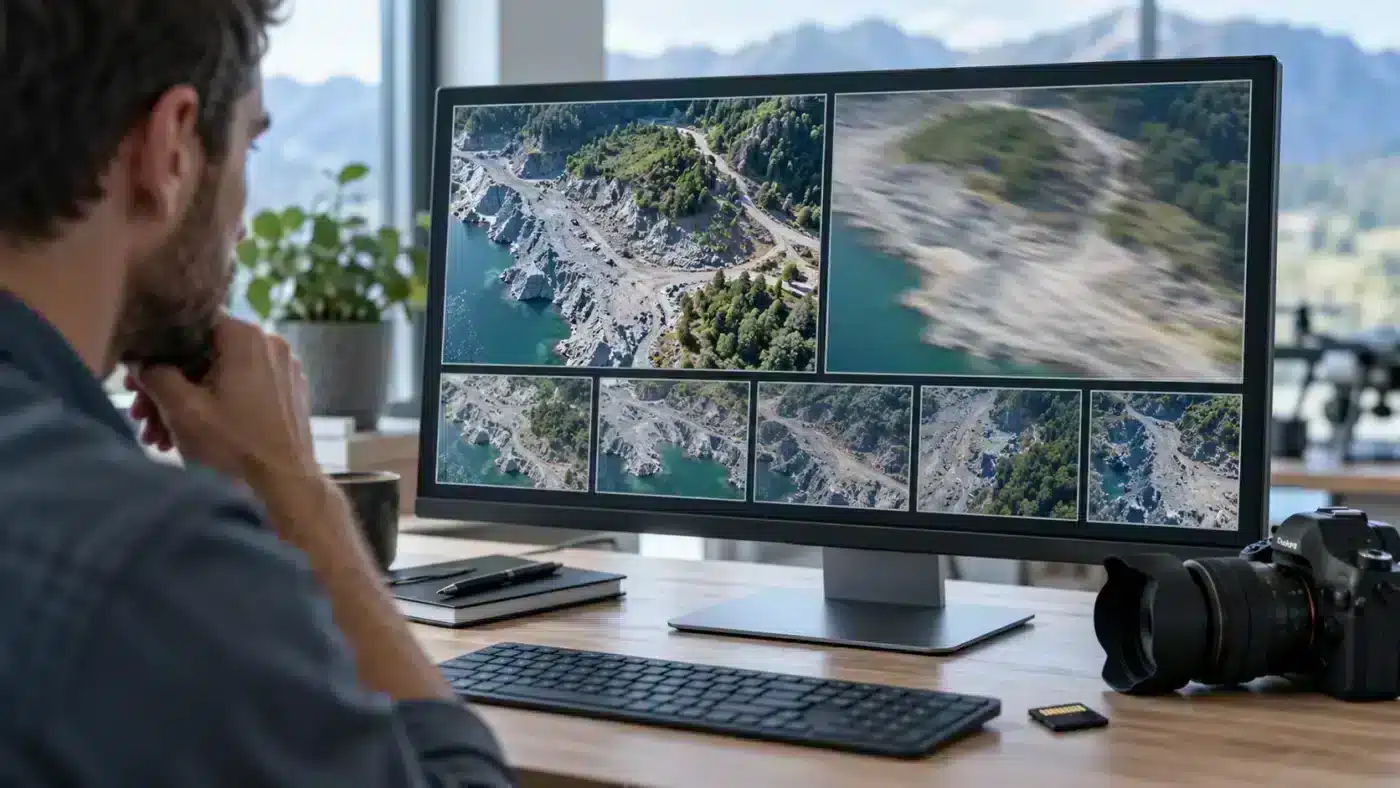 Survey workstation comparing sharp and blurred aerial photographs before image alignment