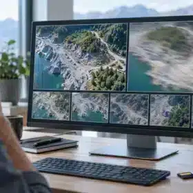 Survey workstation comparing sharp and blurred aerial photographs before image alignment
