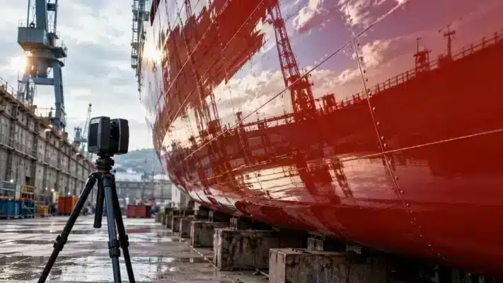 Glossy red ship hull reflecting a dry dock during a close-range photogrammetry survey
