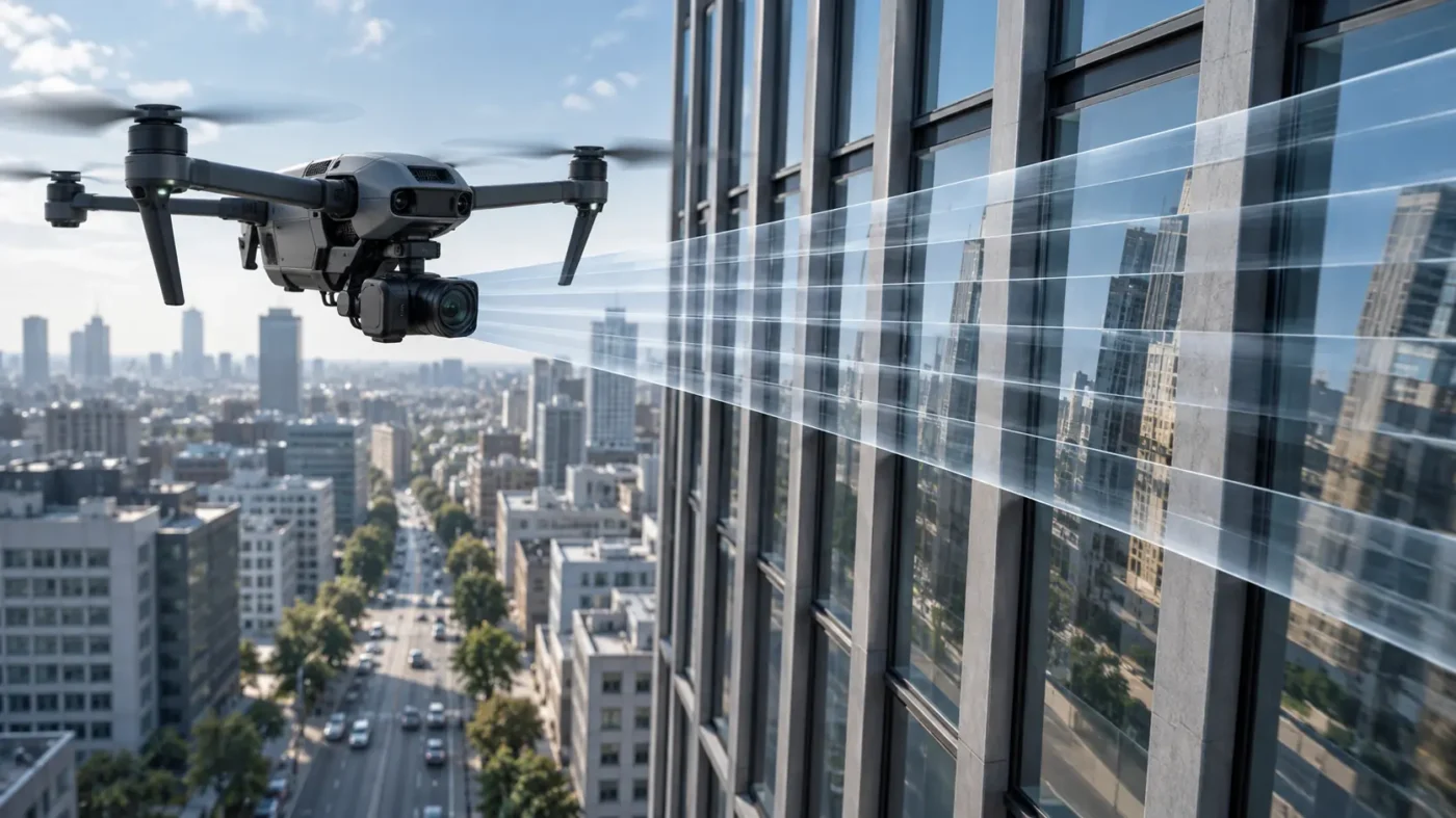 Concept illustration of a moving drone camera recording a building facade with rolling shutter readout