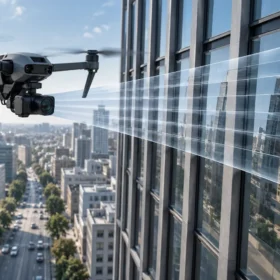 Concept illustration of a moving drone camera recording a building facade with rolling shutter readout